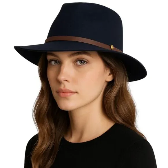 Chico's Woman's Classic Fedora Hat Dark Blue 100% Wool Tan & Gold Trim ~7.5 in - Picture 1 of 11